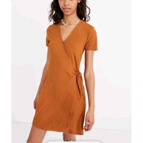 Madewell Texture & Thread Size Small Short Sleeve Dress Side Tie Faux Wrap Rust - Picture 1 of 6